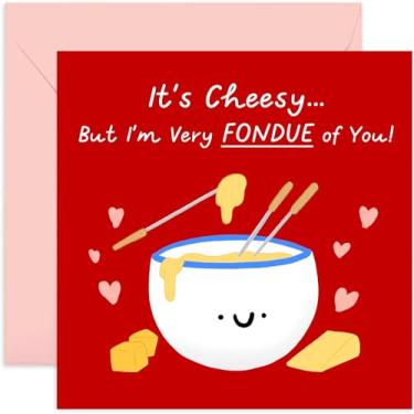Imagem de Old English Co. Cartão de aniversário de queijo fofo para marido ou esposa - "Fondue of You" presente romântico hilário para namorada ou namorado - cartão de dia dos namorados para ele ou ela | Em