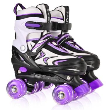 Imagem de ZHUKAIKJ 4 patins ajustáveis para meninos e meninas com todas as rodas iluminadas, crianças pequenas iniciantes para esportes ao ar livre em ambientes fechados, grande (3 a 6 anos), preto e roxo