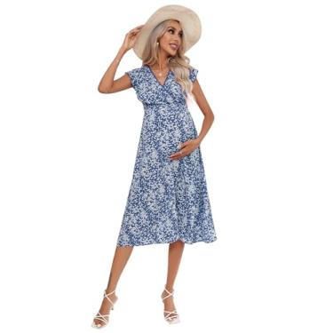 Imagem de FUNJULY Vestido de maternidade feminino decote em V manga bufante plissado para maternidade vestido maxi para chá de bebê ou uso casual, Sem azul, GG