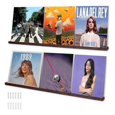 Imagem de Ilyapa Suporte de disco de vinil para parede - 2 pacotes de madeira de 100 cm para 6 discos e prateleiras, inclui ferragens de montagem para suportes de álbuns - marrom