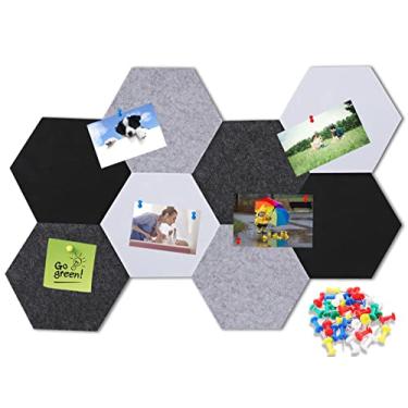 Imagem de Erinnmy 8 peças de azulejos hexagonais de feltro, placa de alfinetes de cortiça de feltro com 35 pinos, quadro de avisos autoadesivo faça você mesmo, azulejos hexagonais de cortiça para fotos, fotos,