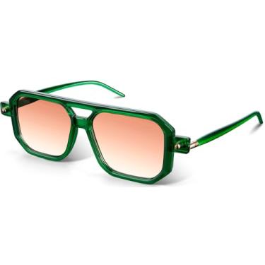 Imagem de AGGKKY Óculos de sol aviador vintage quadrado dos anos 70 para mulheres e homens, armação retrô, elegante, UV400, óculos de sol modernos, Armação verde transparente e lente laranja gradiente