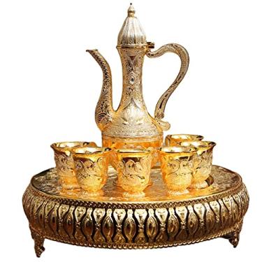 Imagem de Conjunto de xícara de café turco e bule de chá, incluindo bule de chá, bandeja de chá, 6 xícaras de metal, conjunto de serviço de chá para decoração de mesa de chá, frasco de quadril, presente (ouro)