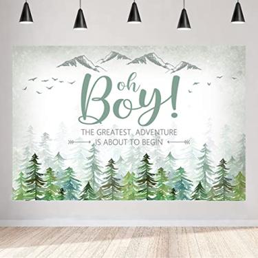 Imagem de Aperturee Adventure Awaits Pano de fundo para chá de bebê, 1,5 m x 0,9 m Oh Boy Let The Adventure Begin Pinheiro Montanha Selvagem Aventura Floresta Fotografia Fundo Decorações de Festa Adereços para Cabine de Fotos