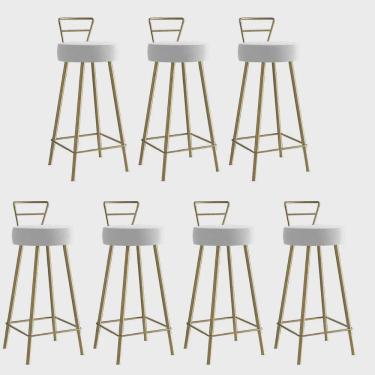 Imagem de Kit 07 Banqueta Alta Com Encosto Tina Eiffel Cozinha Bar Bistrô Ferro Dourado Sintético Branco - Ahz Móveis