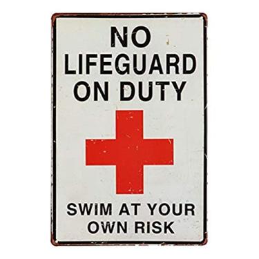 Imagem de No Lifeguard on Duty Swim at Your Own Risk Arte de parede de metal engraçada para área de piscina, quintal, decoração de praia, aviso humorístico, placa de estanho para amantes da água 20 x 30 cm