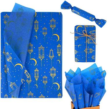 Imagem de Bolsome 50 Folhas De 19,7 X 27,5 Polegadas, Papel Embrulho Seda Eid Mubarak, Azul E Dourado Para Sacolas Presente O Ramadã, Al-Fitr, Embrulhos Presentes Artesanato Diy