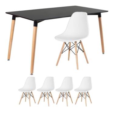 Imagem de Kit - Mesa Retangular Eames 80 X 140 Cm + 4 Cadeiras Dsw Mesa Preto Com Cadeiras Branco Mesa Preto Com Cadeiras Branco