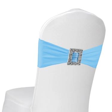 Imagem de Pacote com 100 faixas de cadeira de elastano, faixas elásticas azuis bebê com fivela deslizante, faixas azuis claras para festa de casamento, banquete, restaurante, decoração de cadeiras de chá de