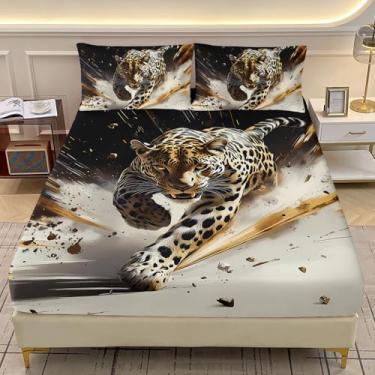 Imagem de AILONEN Jogo de lençol solteiro com elástico Cheetah - Jogo de cama com estampa animal de 3 peças, preto e branco, roupa de cama de microfibra macia com design de guepardo, inclui 1 lençol com