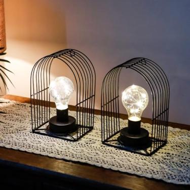 Imagem de JHY DESIGN Conjunto de 2 candeeiros de mesa operados por bateria 18 cm H Arandela de parede vintage gaiola de metal para pendurar na parede sem fio com temporizador de 6 horas para sala de casa