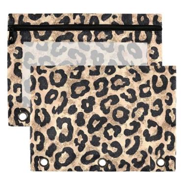 Imagem de Bolsa de fichário marrom chita dourada 3 anéis para meninos meninas escola escritório faculdade suprimentos leopardo preto lápis bolsa bolsa bolsa com janela transparente e zíper 2 unidades