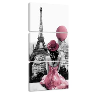 Imagem de QIXIANG Arte de parede em tela de Paris para decoração de parede de quarto de meninas 3 peças preto e branco da Torre Eiffel impressões parisienses decoração de pôster feminino (rosa, 30 cm C x 40 cm
