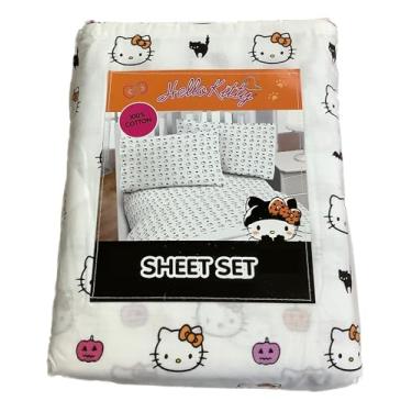 Imagem de Jay Franco & Sons, Inc. Jogo de lençol Hello Kitty Halloween, 100% algodão, branco - estampa de abóboras, morcegos e gatos pretos, solteiro