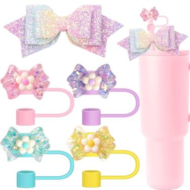Imagem de Lindo conjunto de toppers de palha, tampas de palha com laço para copos Stanley Cup 850.5 g 40 0z Tumblers, moderno simples Stanley Topper acessórios para meninas