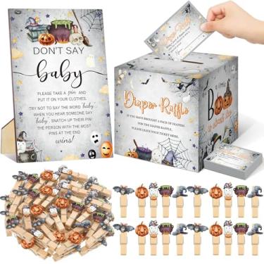 Imagem de Dispowreath 102 peças suprimentos de jogo de chá de bebê Halloween sorteio de fraldas bilhetes com caixa sorteio de fraldas Don't Say Baby Sign Mini prendedor de roupa jogo de chá de bebê para chá de