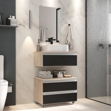 Imagem de Gabinete Banheiro Creta 60cm (02 armários + cuba + espelho) (Madeirado/Preto)