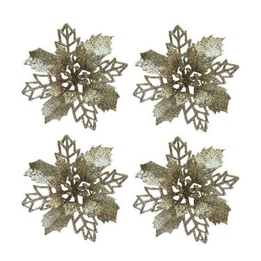 Imagem de Jogo 4 Flores Bico de Papagaio Champanhe Natal Pick Glitter 9cm com Presilha - Magizi