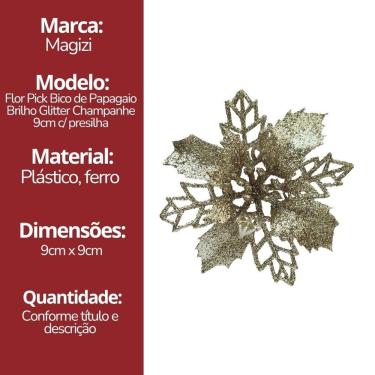 Imagem de Jogo 6 Flores Bico de Papagaio Champanhe Natal Pick Glitter 9cm com Presilha - Magizi