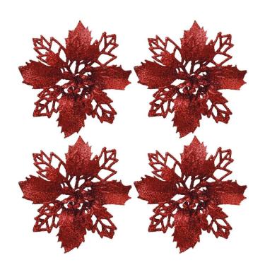 Imagem de Jogo 4 Flores Bico de Papagaio Vermelha Natal Pick Glitter 9cm com Presilha - Magizi