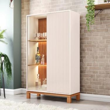 Imagem de Cristaleira Átomo com 2 Portas Vidro e Ripada Nicho e LED OffWhite/Freijo G11 - Gran Belo