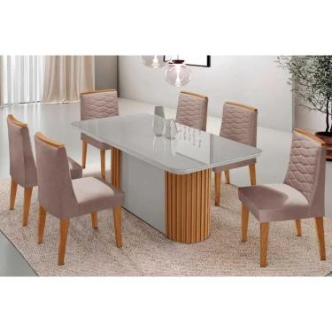 Imagem de Conjunto Sala de Jantar Pilar c/ Tampo Madeirado c/ Vidro Canto Curvo 180x90cm e 6 Cadeiras Maldivas Madeira Maciça Naturale/Off White - Capuccino/Lin