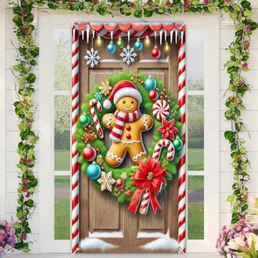 Imagem de BlissYard Faixa de porta de feliz Natal de gengibre 99 x 189 cm, decoração de porta da frente com bengalas doces, ornamentos de menta, hortelã-pimenta e guirlanda de pinheiro para exibição de varanda