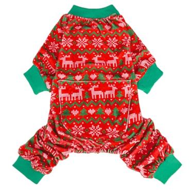 Imagem de PUPTECK Pijama de lã macia para cães pequenos e médios, macacão de cachorro, macacão, fofo, casaco de gato, roupa para animais de estimação, vermelho e verde, 2GG