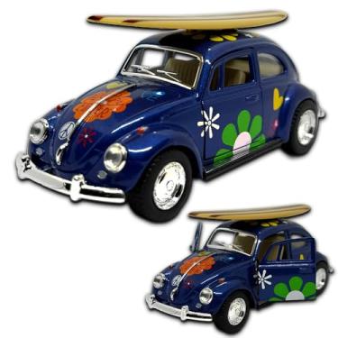 Imagem de Miniatura fusca 1967 carrinho de coleção em metal, 12 CM, 1/32, abertura de portas laterais, rodinhas em borracha e com fricção, Miniatura de carros antigos (Azul com prancha estampado)