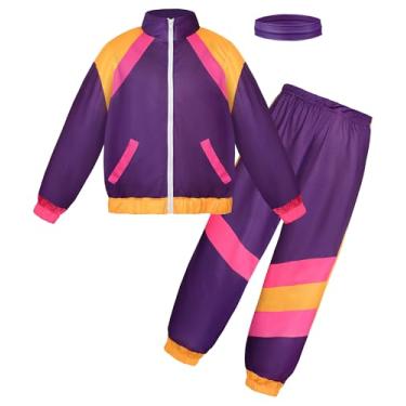 Imagem de JerrisApparel Conjunto de calças esportivas esportivas retrô para meninos e meninas anos 80 e 90 anos (roxo, médio/8 a 10 anos)