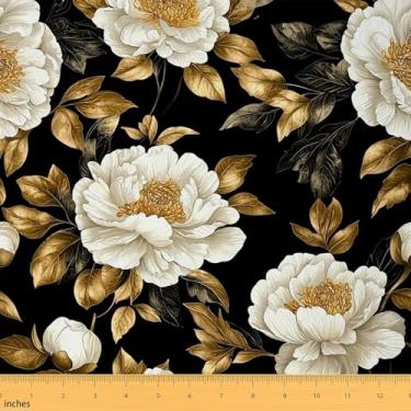 Imagem de Erosebridal Tecido de flor branca da Yard Peony Floral Tecido impermeável para exterior Folhas douradas Tecido de estofamento botânico pétalas de jardim plantas DIY decoração de arte, 2 jardas