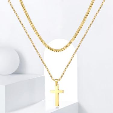 Imagem de Colar de cruz para homens, colares masculinos de aço inoxidável, prata, ouro preto, corrente em camadas, pingente de elos cubanos, 40 a 61 cm, joias para presentes, 16" 18" 20" 22" 24", Aço inoxidável