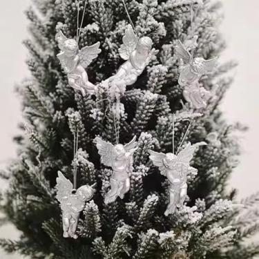 Imagem de 6 peças/conjunto de pingente decorativo de anjo de prata de Natal árvore de Natal criativo pequeno anjo enfeite de pendurar decoração de casa festiva suprimentos 7 * 5 cm