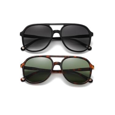 Imagem de (Pacote com 2) Óculos de sol aviador retrô para mulheres e homens, clássicos, anos 70, vintage, moderno, quadrado, aviadores, Preto brilhante + carapaça de tartaruga verde escuro