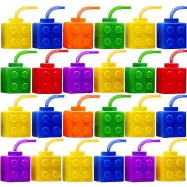 Imagem de 8HREST Copos de blocos de construção de 340 g Copos de festa de tijolos reutilizáveis para crianças copos de festa de plástico com tampas e canudos para bloco, suprimentos de festa de aniversário,