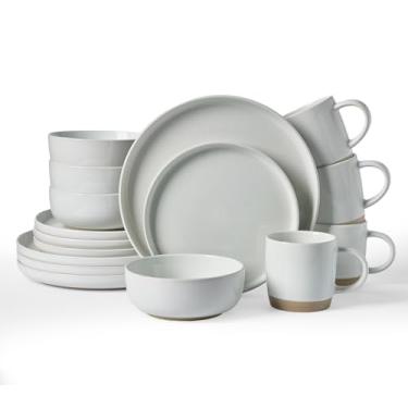 Imagem de Famiware Conjunto de louça Milkyway com canecas, serviço para 4 (16 peças), conjuntos de pratos e tigelas de grés canelados, resistente a lascas e arranhões, seguro para micro-ondas e lava-louças