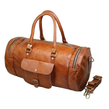 Imagem de Jaald Mala de viagem grande de couro genuíno de 56 cm para homens e mulheres, bolsa de mão de mão vintage à prova d'água de couro para academia, Marrom, 18"