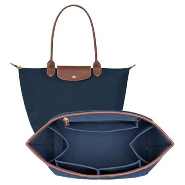 Imagem de DOIAPUOS Bolsa organizadora de feltro para bolsa Longchamp Le Pliage L, bolsa de mão, borda de couro, bolsa organizadora Longchamp (azul escuro, grande)