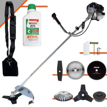 Imagem de Roçadeira Com Sistema Anti-Vibração Toyama TBC43H À Gasolina 43cc 1,7HP Com 6 Opções de Cortes, Carretel + Kit 4 Facas + Escova de Aço + ÓLEO STIHL 2T