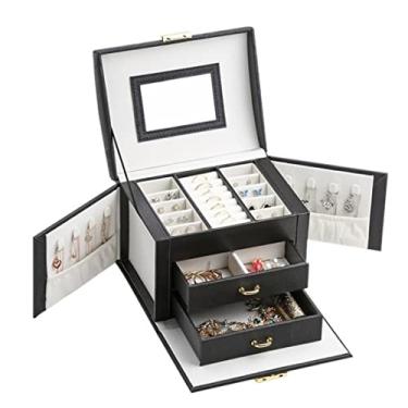 Imagem de JOEUQK Caixa de joias caixa de joias para armazenamento de joias de couro PU caixa de joias portátil de grão de seda com 2 gavetas e cadeado organizador de joias grande caixa de joias