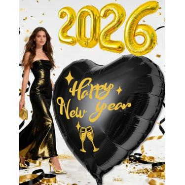 Imagem de KARAQY Decorações de Ano Novo 2026 – Balão gigante de coração preto de 1,2 m e balões com números de folha dourada "5,146.0 cm para artigos de festa de ano novo