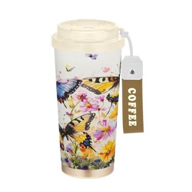 Imagem de SEHANY Caneca de viagem borboleta e flores de 482 ml Copos de café reutilizáveis revestidos de cerâmica com tampa à prova de vazamento, parede dupla, isolamento a vácuo, copo de café de aço inoxidável