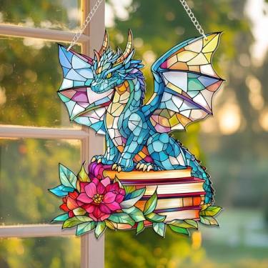 Imagem de Apanhador solar estilo vitral Dragon Books - 15 cm pendurado em acrílico para janela - dragão colorido em livros decoração apanhador de luz para casa ou jardim - ornamento plano 2D presente para