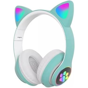 Imagem de Headset Infantil Gatinho Bluetooth – Orelhas com LED, Áudio Estéreo, SD Card, Dobrável e Bateria Recarregávell (Verde Claro)