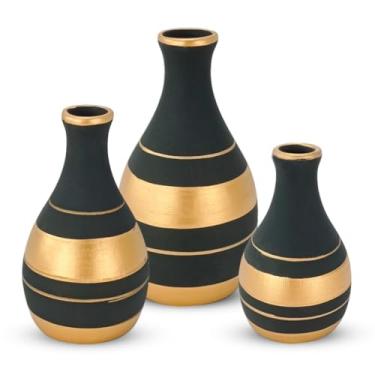 Imagem de Kit Trio 3 Vasos Ceramica Enfeite Decorativo Centro De Mesa Sala Enfeite Rack Sala Branco(Preto/Dourado)