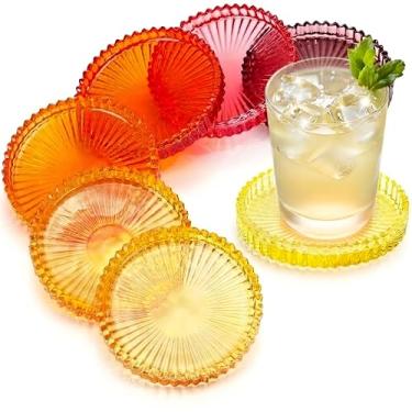 Imagem de Queekay Conjunto de 6 porta-copos de vidro colorido vintage porta-copos de vidro para bebidas decoração de mesa de centro para escritório, cozinha, bar, sala de jantar, sala de estar, pátio (laranja