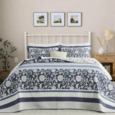 Imagem de QuiltMuse Colcha de cama king size grande 100% algodão 304,8 cm x 304,8 cm - Colcha de fazenda leve com 2 fronhas, conjunto de colcha de cama acolchoada reversível listrada floral, 3 peças, azul