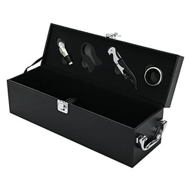 Imagem de Mimo Style Porta Vinho Caixa Decorativa de Madeira Com 4 Peças, Inclui Saca-Rolhas, Anel Salva Gotas, Tampa e Bico Dosador, Produzidos em Inox, Neutro e Inodoro