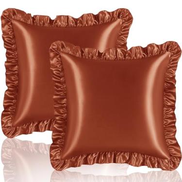 Imagem de Eychei Conjunto de 2 fronhas de travesseiro de babados laranja queimado, 45,7 x 45,7 cm, fronhas de cetim para cabelo e pele, fronha de seda com fecho de envelope, fronha com babados antirugas para