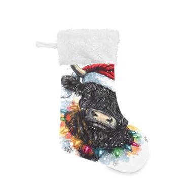 Imagem de Wassud Meias de Natal Vaca Highland de Natal Grandes Meias de Natal 45,7 cm com Punho Branco Pendurado Decoração de Férias 1 Pacote